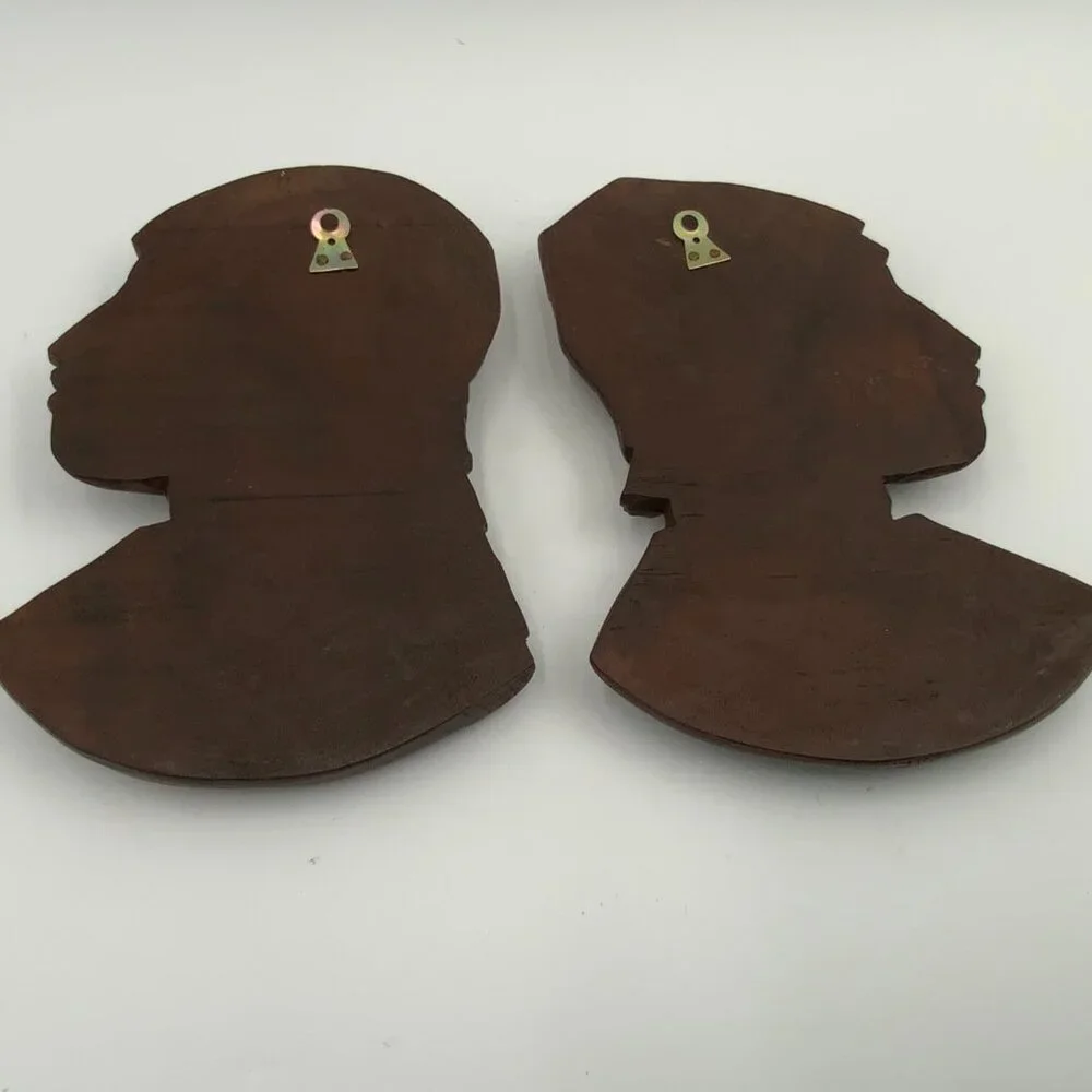 2 Vintage Carved Wood Native American Heads Male & Female Wall Hanging Art MCM